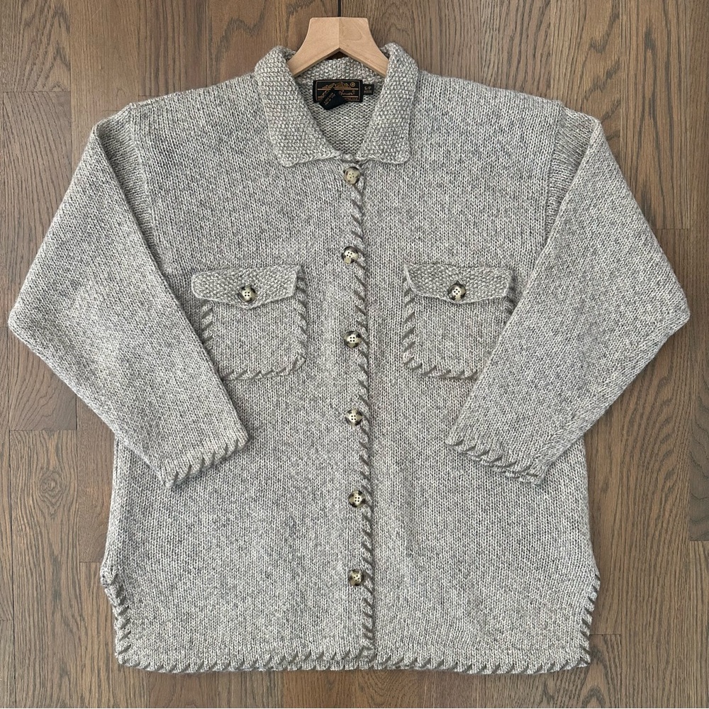 Vintage 90s Eddie Bauer Whipstitch Wool Collared Cardigan Sweater Jacket Grey S
